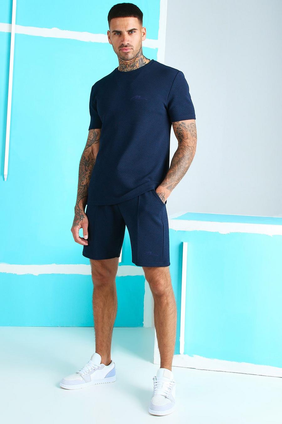 Marineblauw Man Signature Jacquard T-Shirt En Shorts Met Biezen Set image number 1