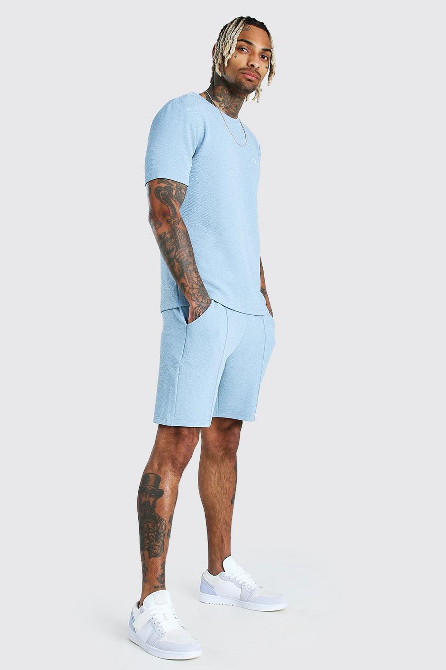 Blauw Man Signature Jacquard T-Shirt En Shorts Met Biezen Set image number 1