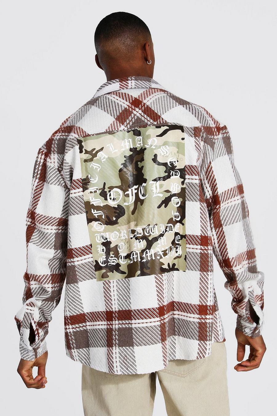 Taupe Oversized Check Shirt With Camo Back Print image number 1