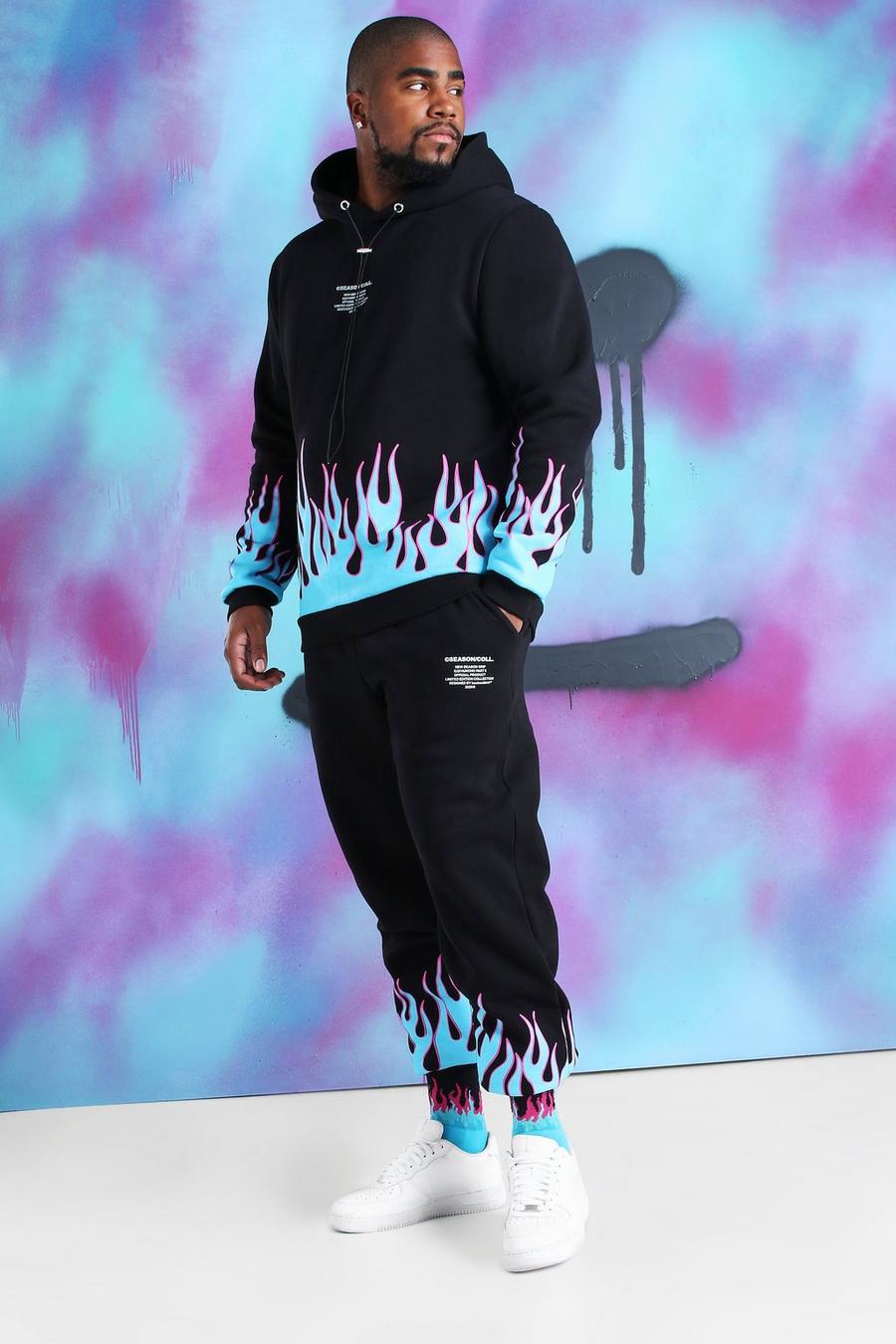 Big & Tall Quavo Trainingsanzug mit Flammen-Print, Schwarz image number 1