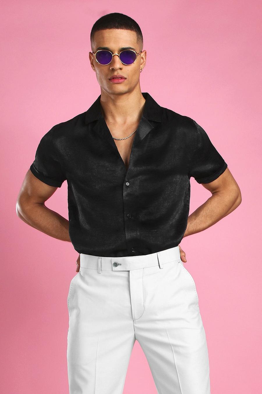 Camisa de satén de manga corta con cuello de solapa de fiesta, Negro image number 1