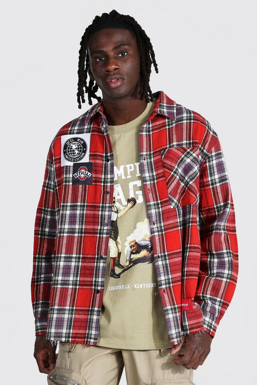 Red Oversized Check Shirt With Varsity Badges image number 1