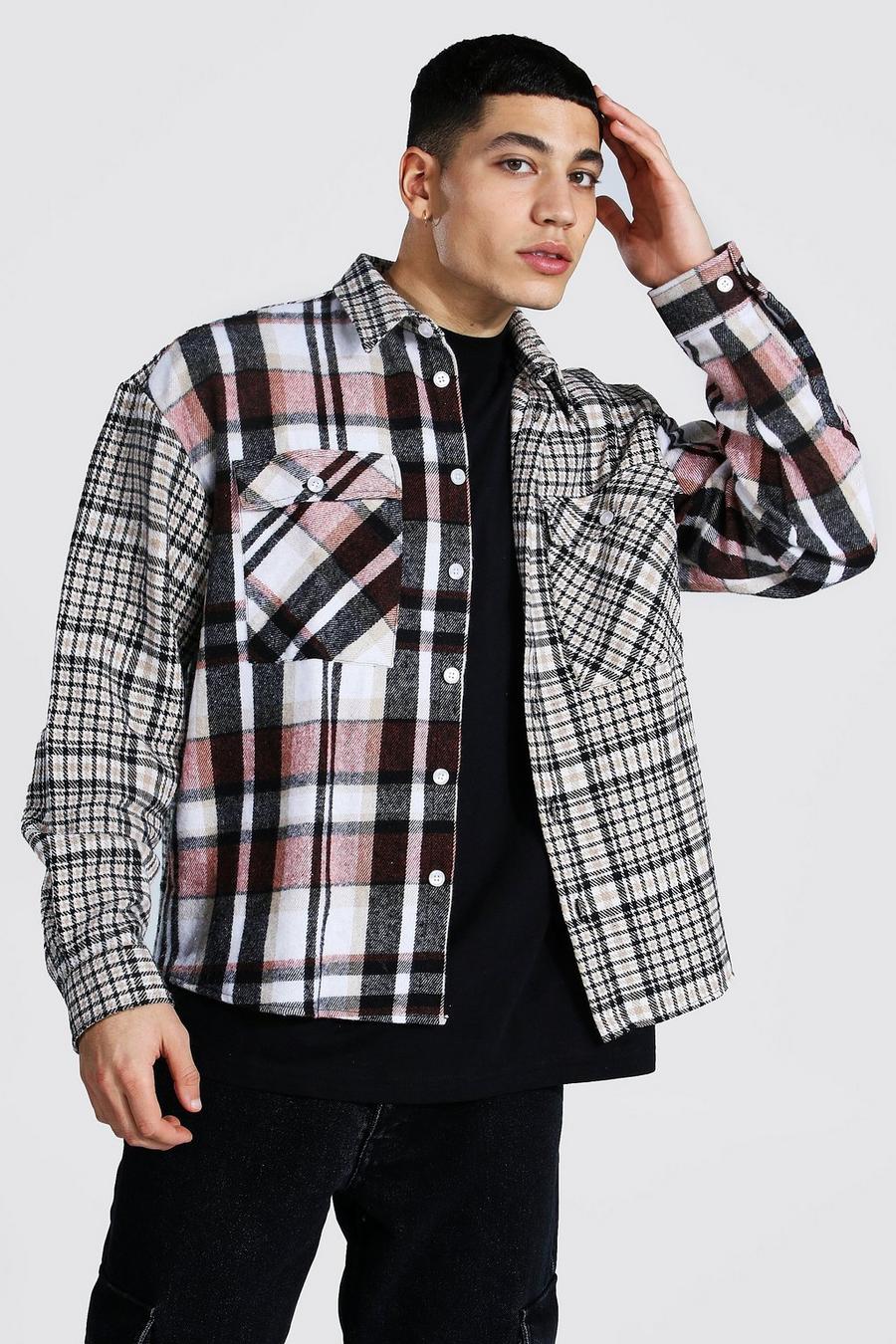 Taupe Boxy Fit Spliced Check Shirt image number 1