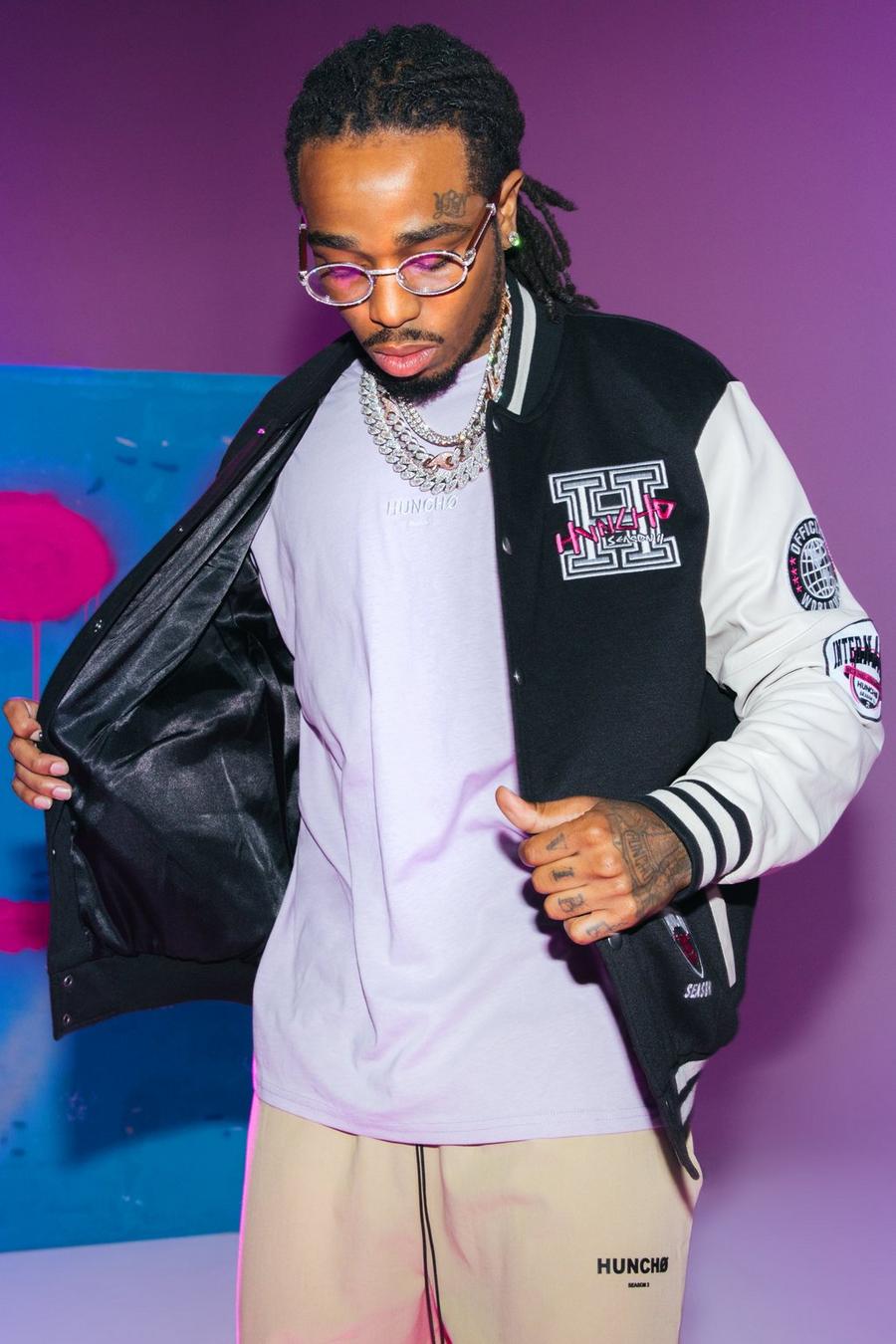 Black Quavo Varsity Jacket With Leather Sleeves image number 1