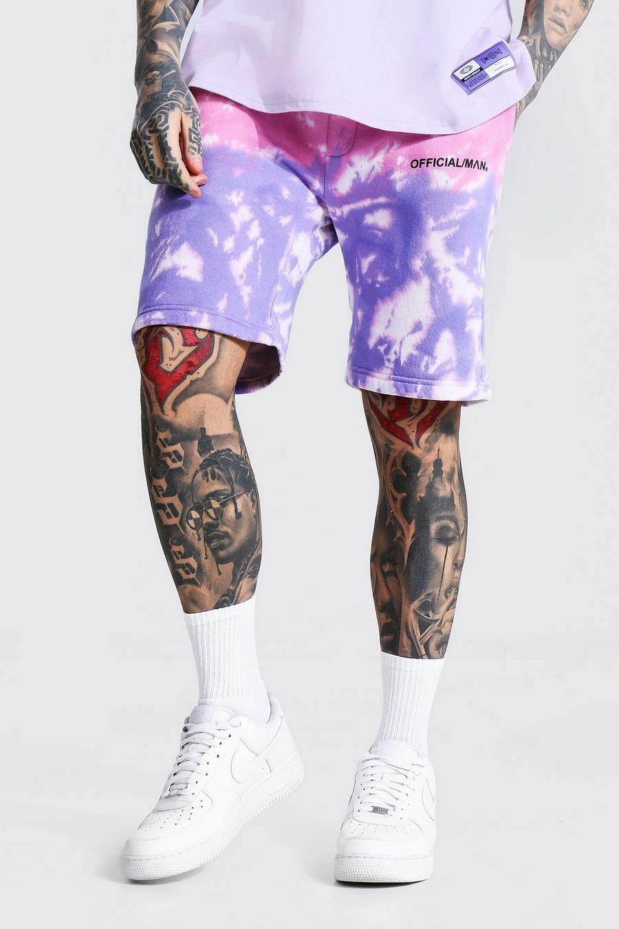 Regular Fit Jersey-Shorts in Batik-Optik mit Man Official-Print, Rosa image number 1
