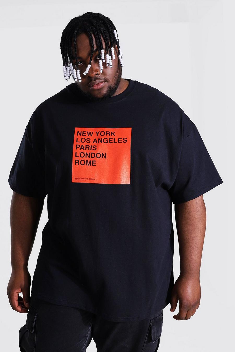 T-shirt Plus Size con stampa squadrata con scritte di nomi di città, Nero image number 1