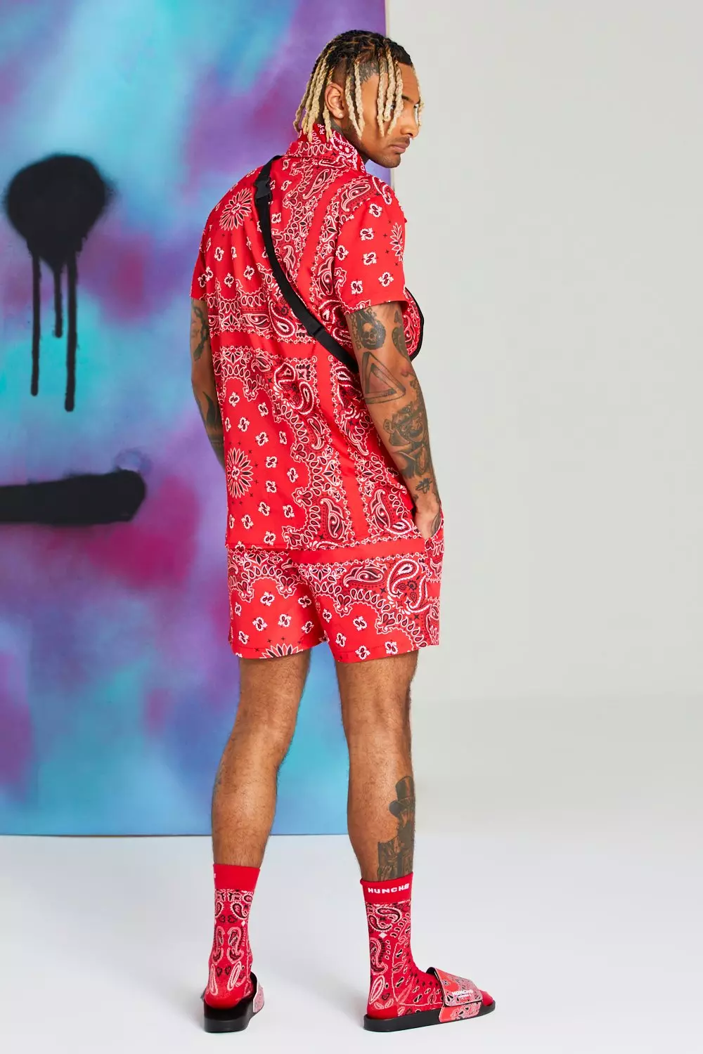 Red bandana print store shorts