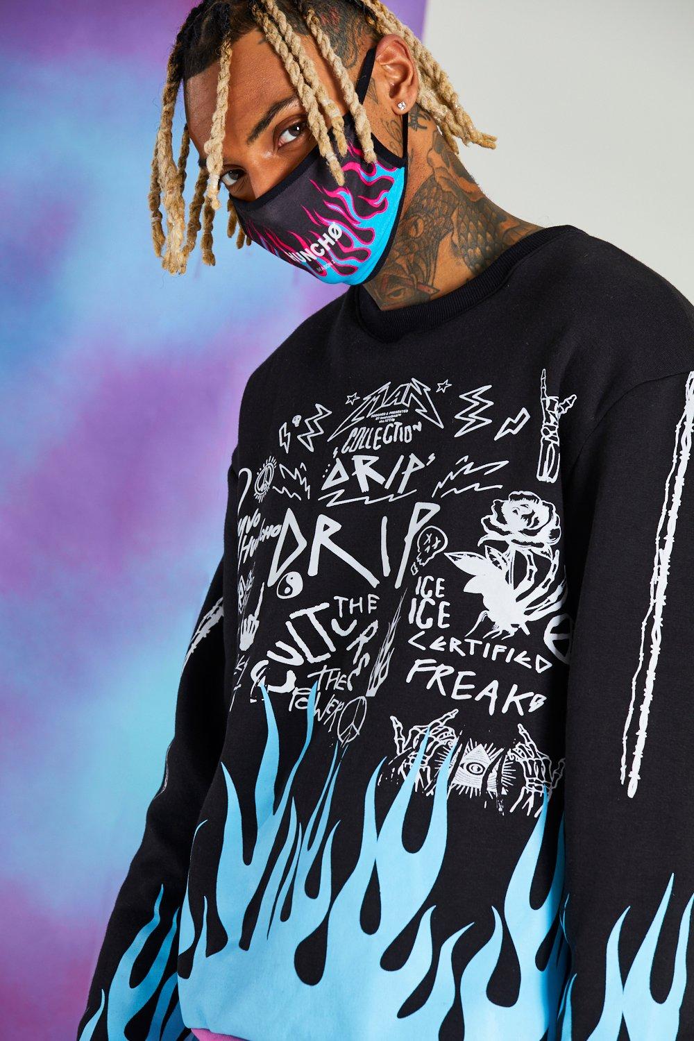 Boohoo Man Quavo Huncho Season 2 Black Hoodie Flames Graphic Size