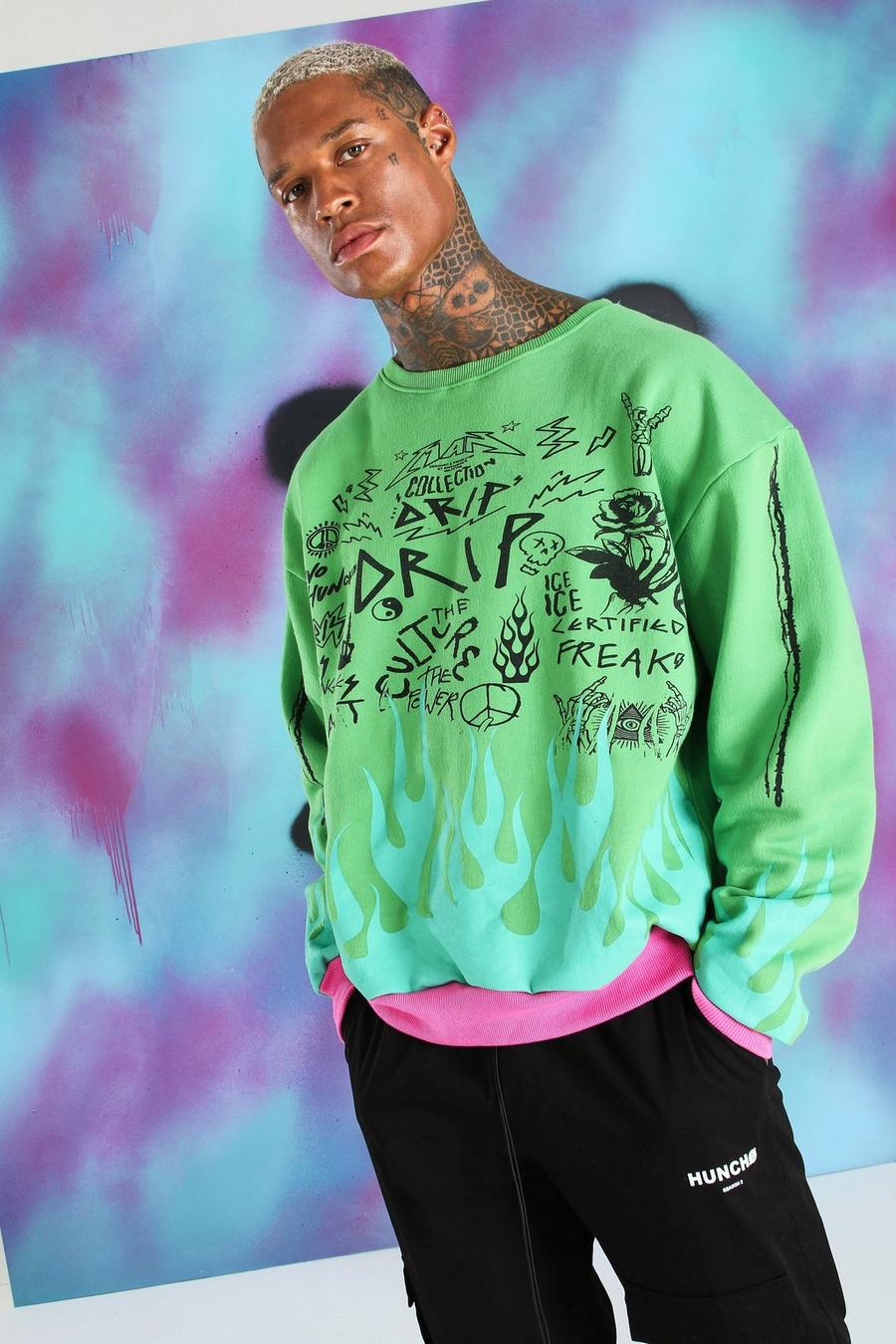 Green Quavo Graffiti Print Flame Sweater image number 1