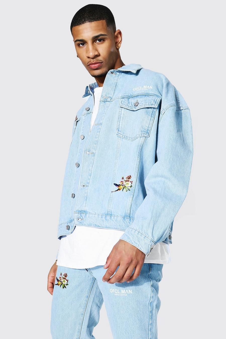 כחול קרח ז'קט אוברסייז מבד ג'ינס עם הדפס פרח מאחור image number 1
