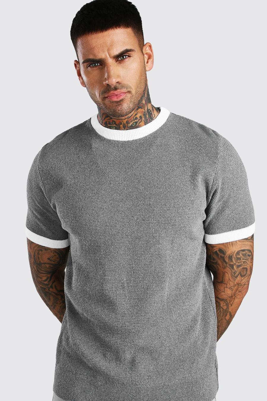 Grey Textured Knitted T-Shirt With Contrast Trims image number 1
