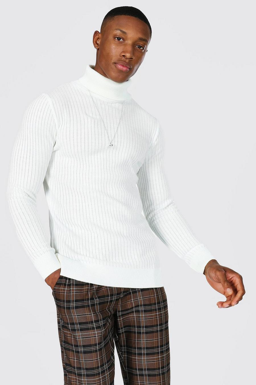 Ecru white Muscle Fit Ribbed Roll Neck Jumper