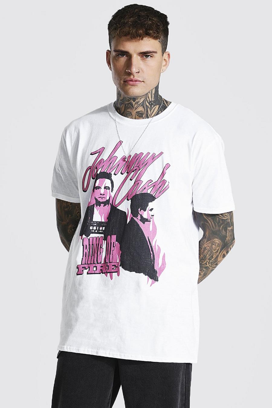 White Oversized Gelicenseerd Johnny Cash T-Shirt Met Vlammen image number 1