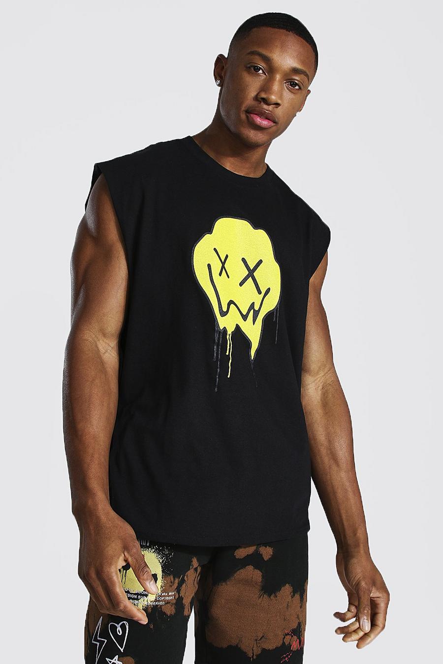 Camiseta de tirantes con sisa caída con estampado de cara Goteo, Negro image number 1