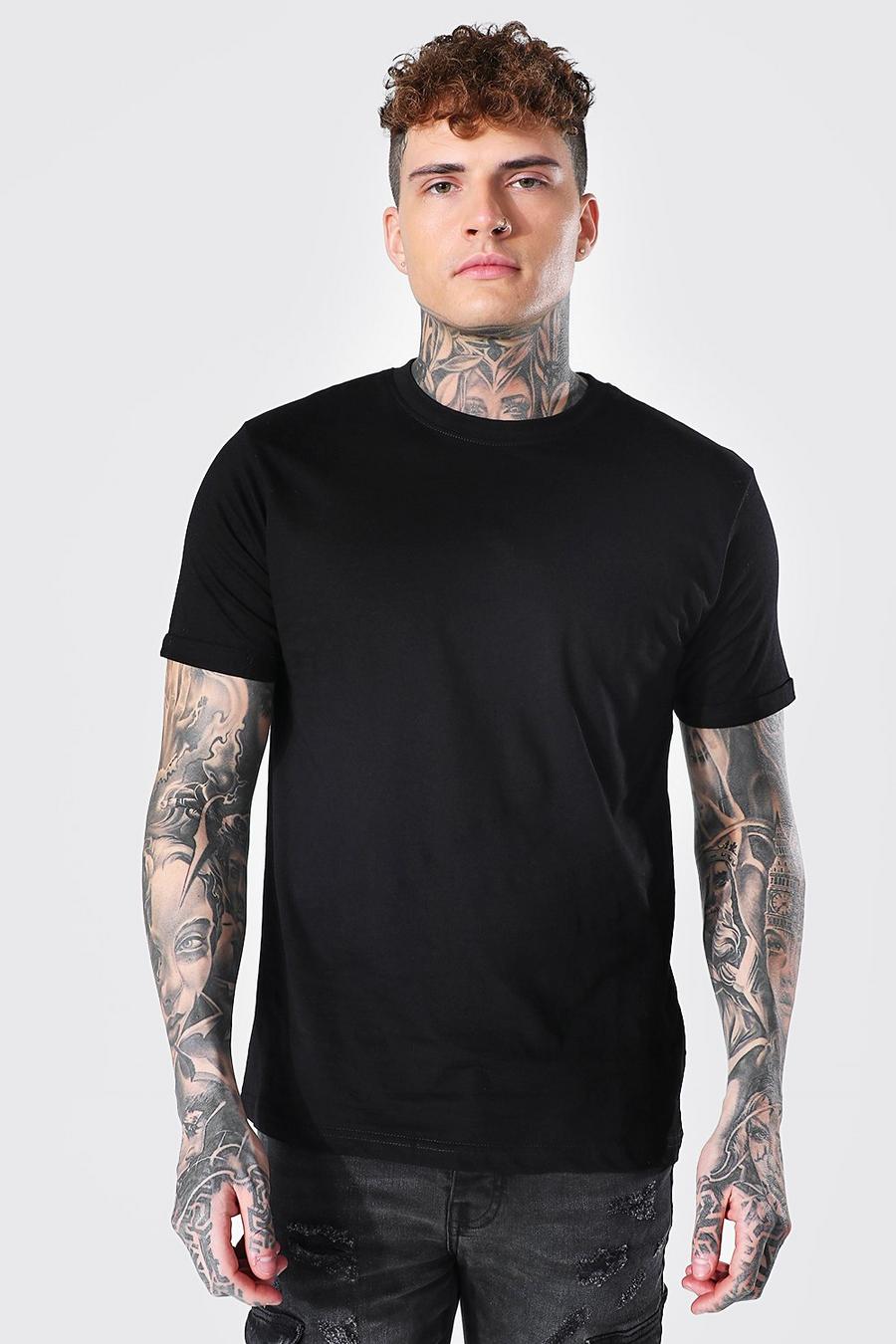 T-shirt girocollo con maniche arrotolate, Nero image number 1