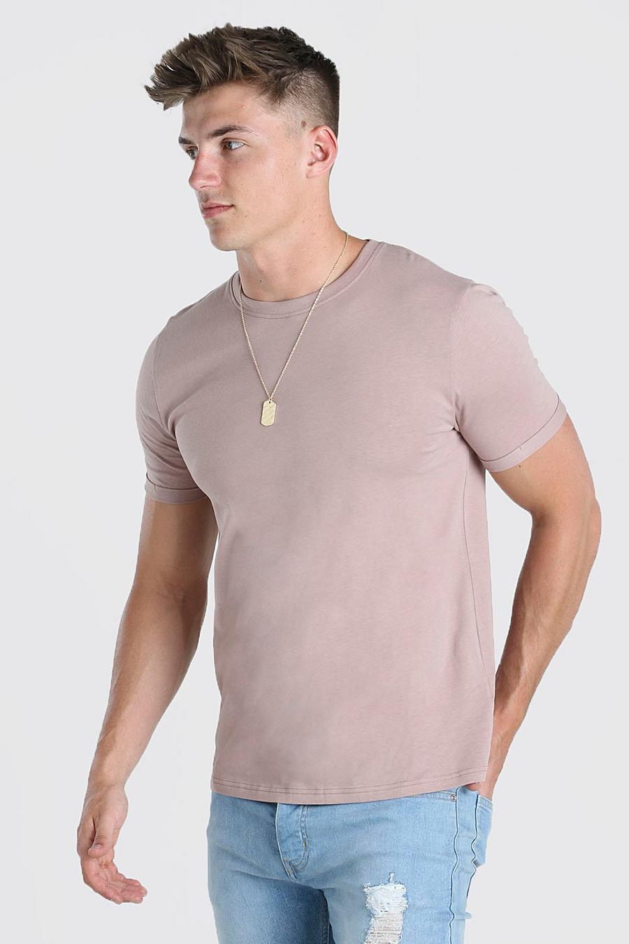 T-Shirt mit Rundhalsausschnitt und aufgerollten Ärmeln, Braun image number 1