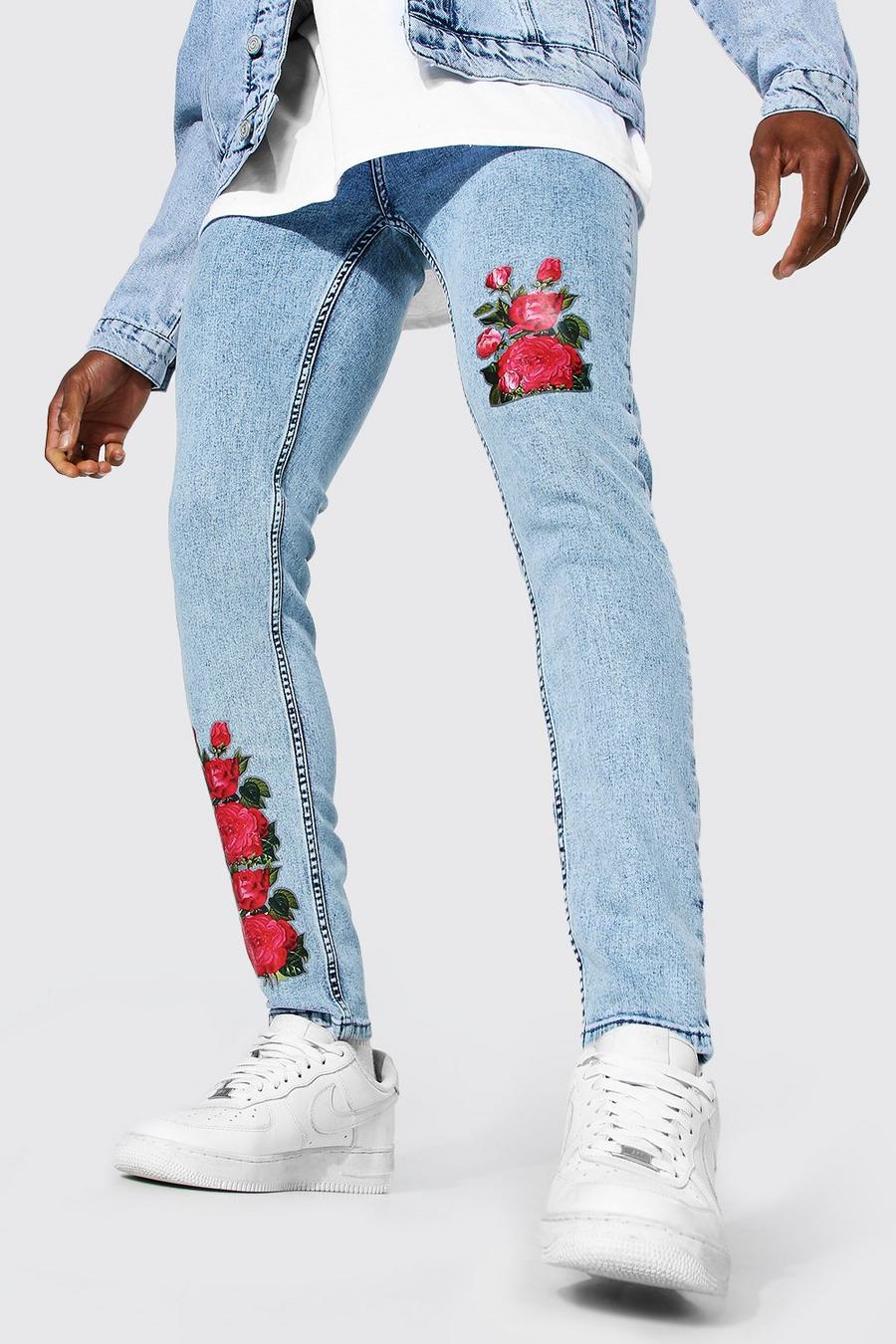 כחול קרח ג'ינס סקיני מבד קשיח עם הדפס פרחים image number 1