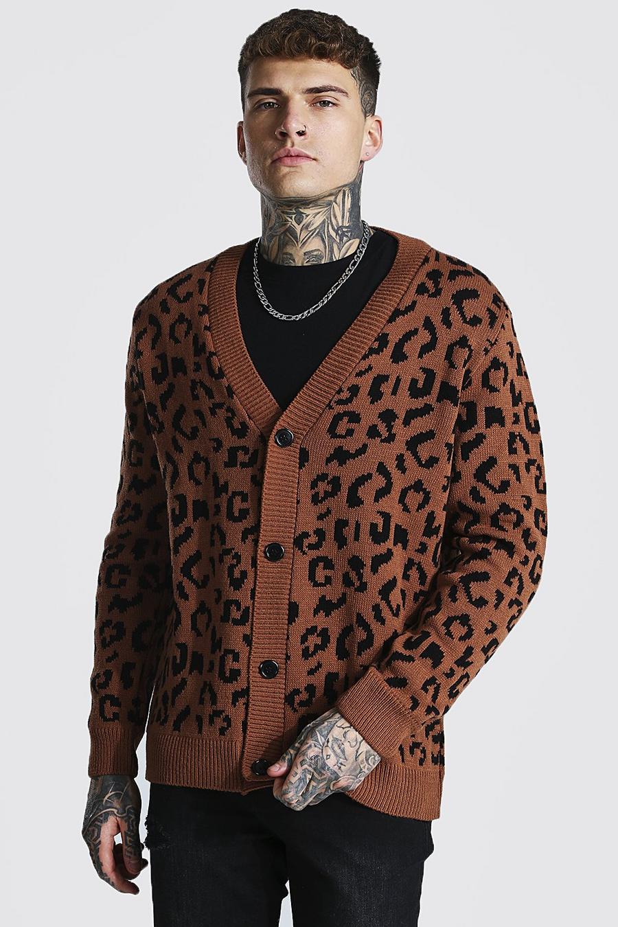 Brown Oversize stickad cardigan med leopardmönster image number 1