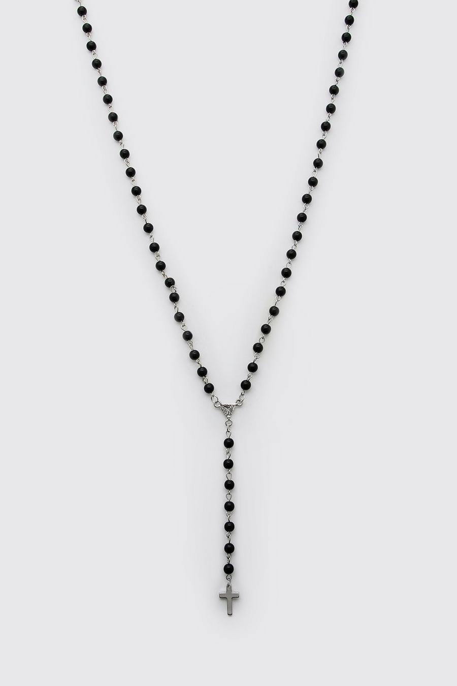 Black Beaded Cross Pendant Necklace image number 1