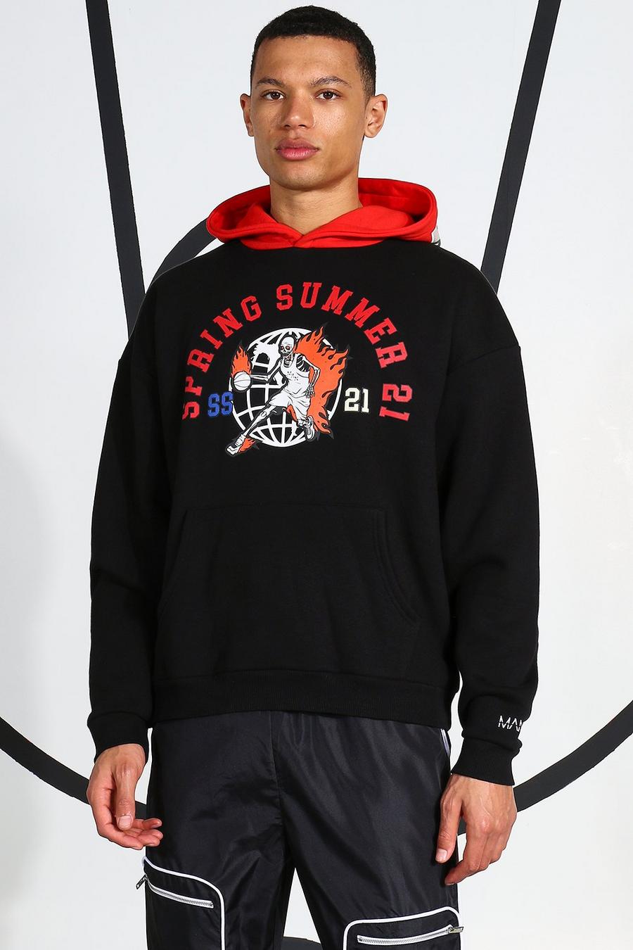 Black Tall Hoodie With Print And Contrast Hood image number 1
