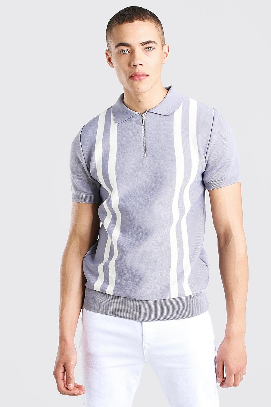 Silver Zip Through Stripe Knitted Polo image number 1