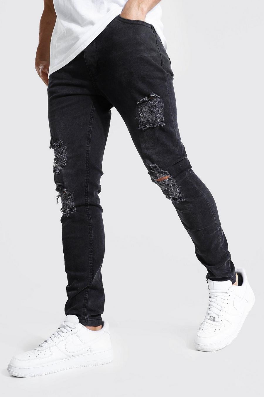 Washed black Skinny Stretch Jeans With Multi Rips image number 1