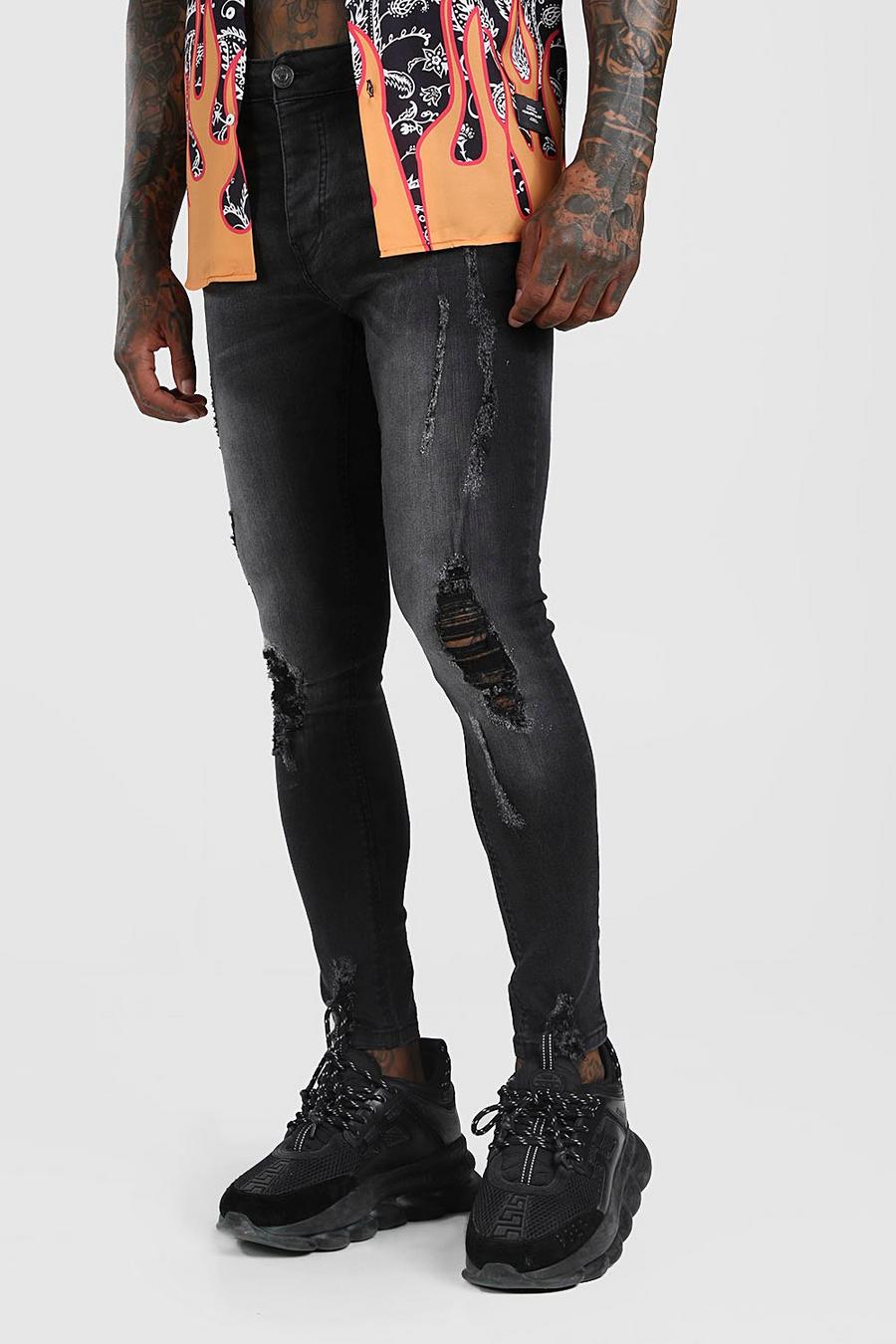 שחור דהוי סופר סקיני ג'ינס עם קרעים image number 1