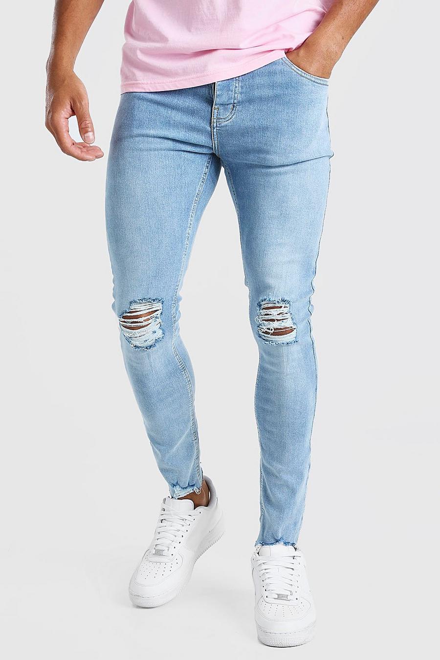כחול בהיר סופר סקיני ג'ינס עם קרעים בברך ומכפלת image number 1