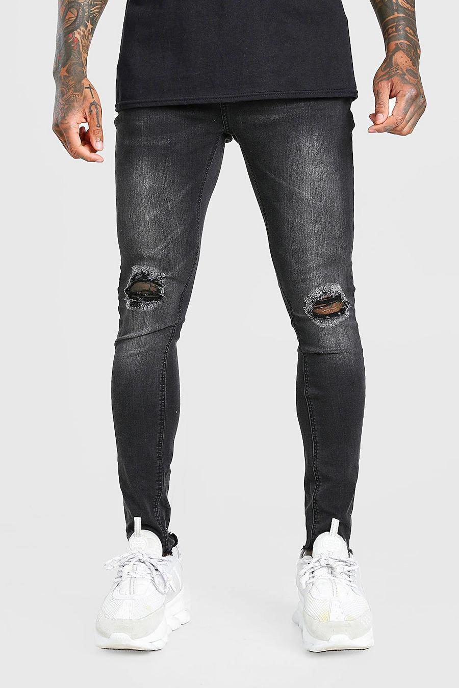 Washed black Super skinny jeans med slitna knän och fransig fåll image number 1