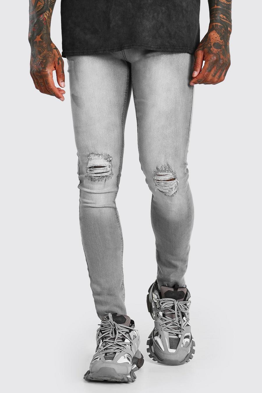 אפור סופר סקיני ג'ינס עם קרעים בברך ומכפלת קרועה image number 1