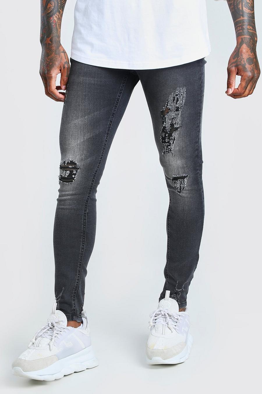 שחור דהוי סופר סקיני ג'ינס עם הרבה קרעים image number 1