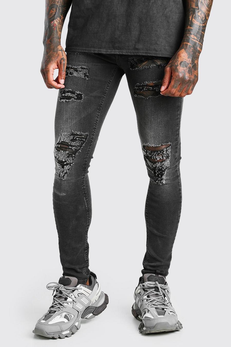 Washed black Super skinny jeans med slitage image number 1