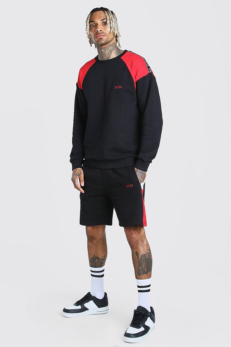 Black Original MAN Träningsoverall med shorts, blockfärger och kantband image number 1