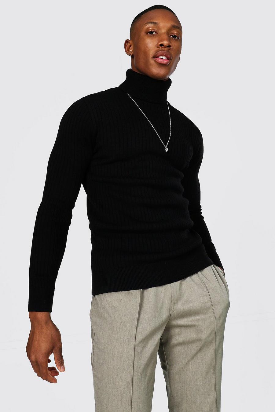 שחור סוודר ארוג עם צווארון נגלל בגזרה שרירית image number 1