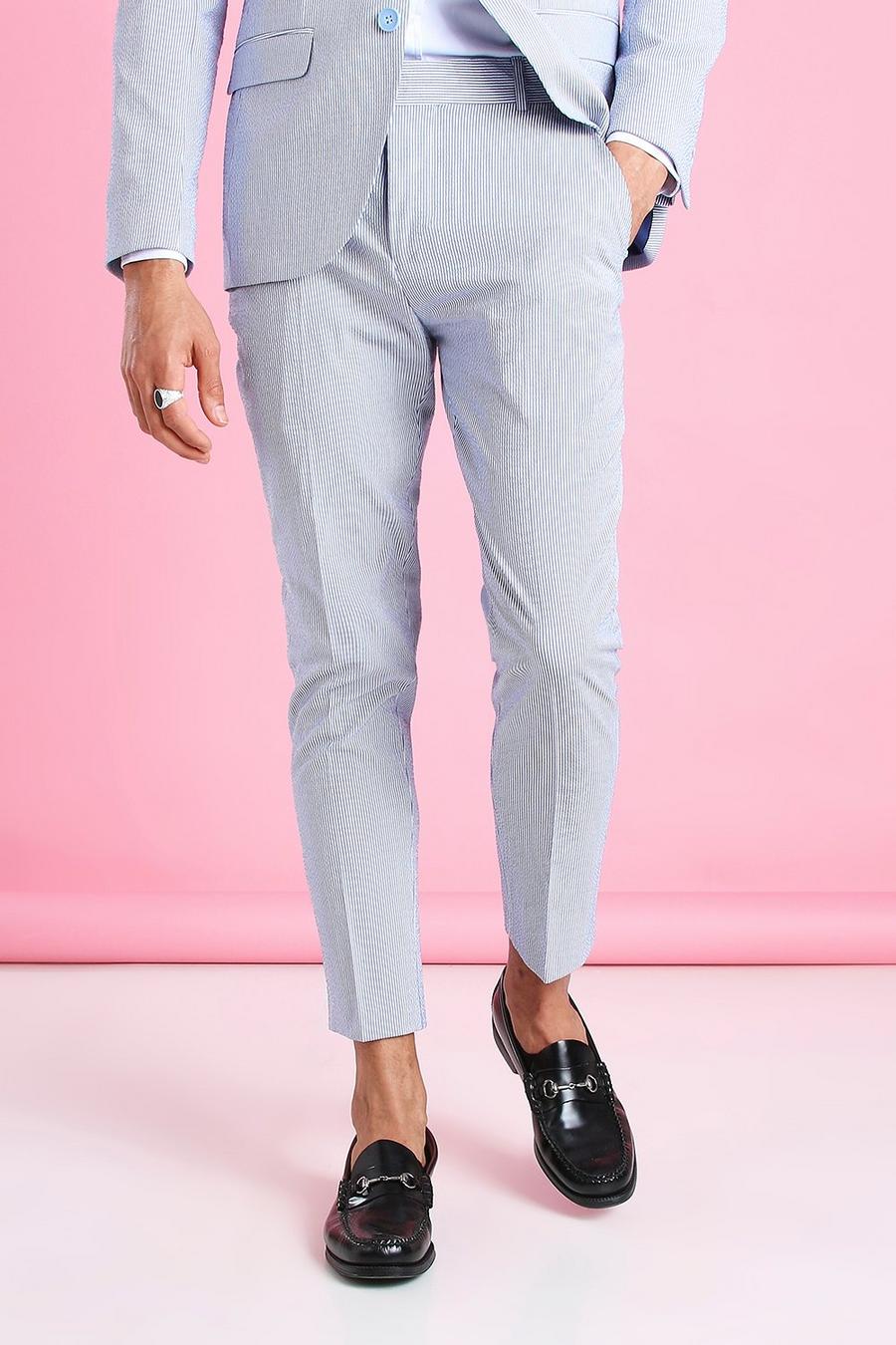 Pantalon de costume court coupe skinny en seersucker rayé, Bleu image number 1
