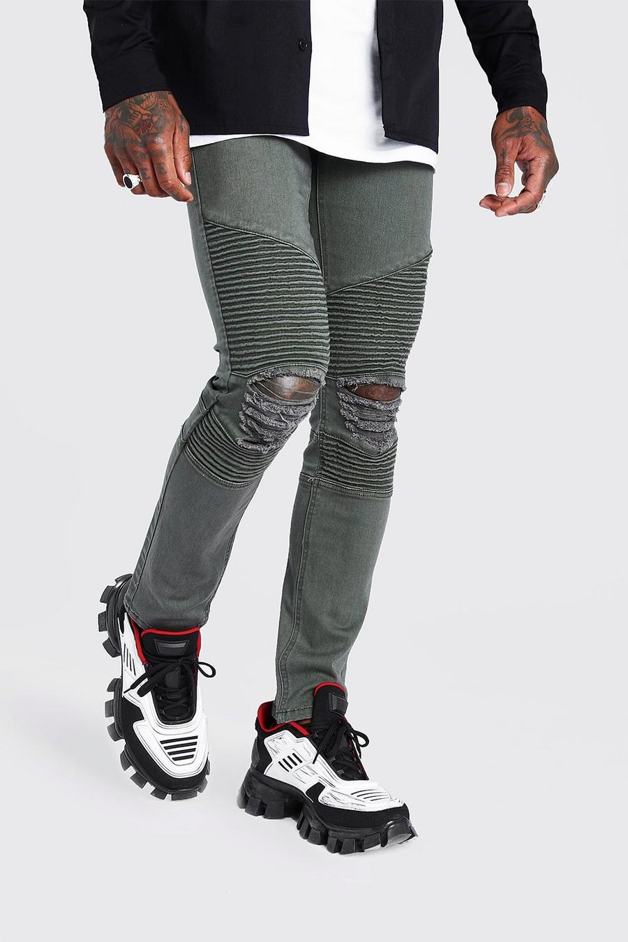 Skinny Biker Jeans With Distressed Knees  image number 1