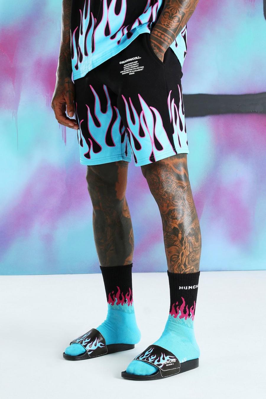 Black Quavo Shorts i jersey med eldsflammor image number 1