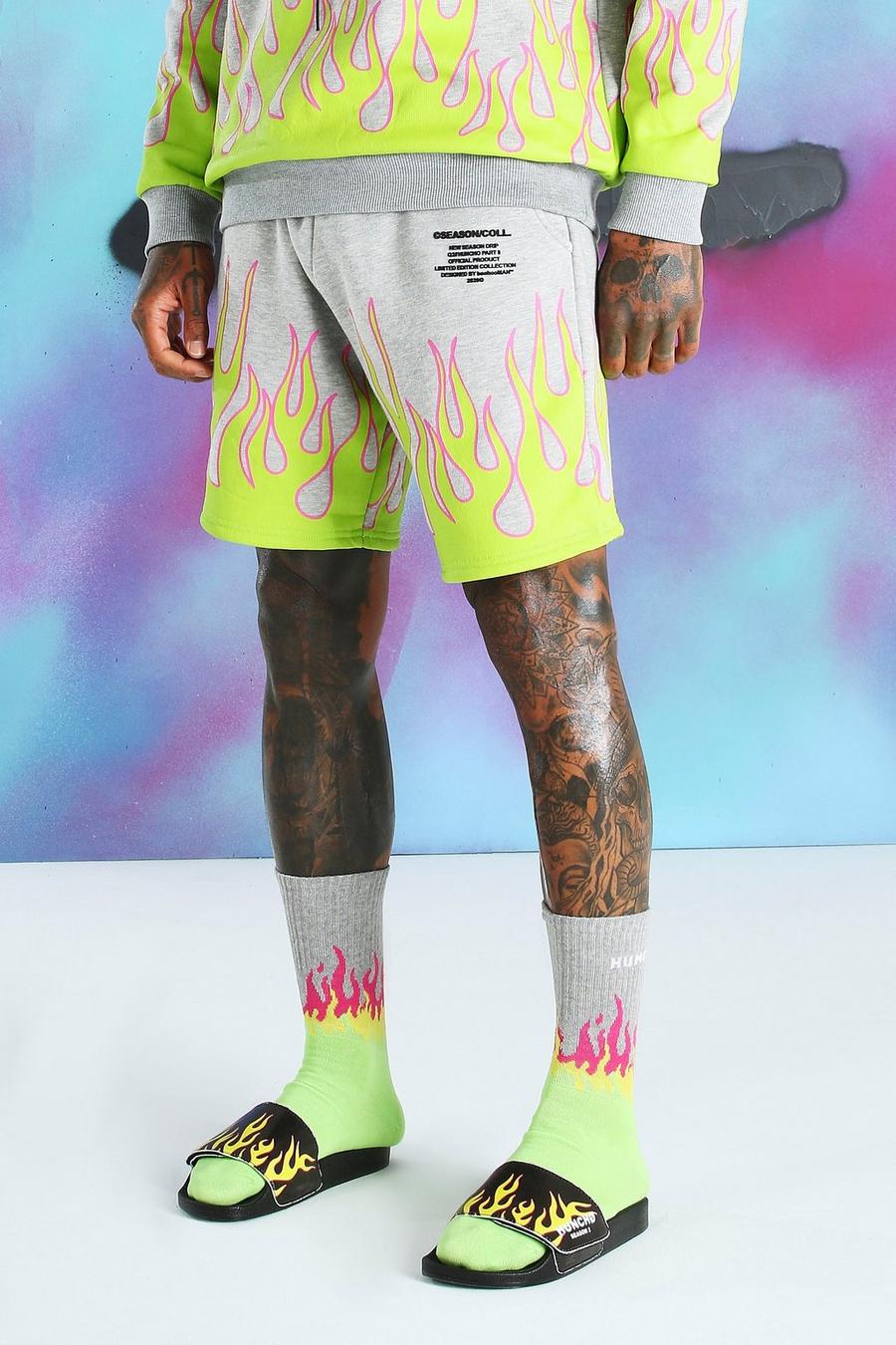 Quavo Jersey-Shorts mit Flammen-Print, Grau meliert image number 1