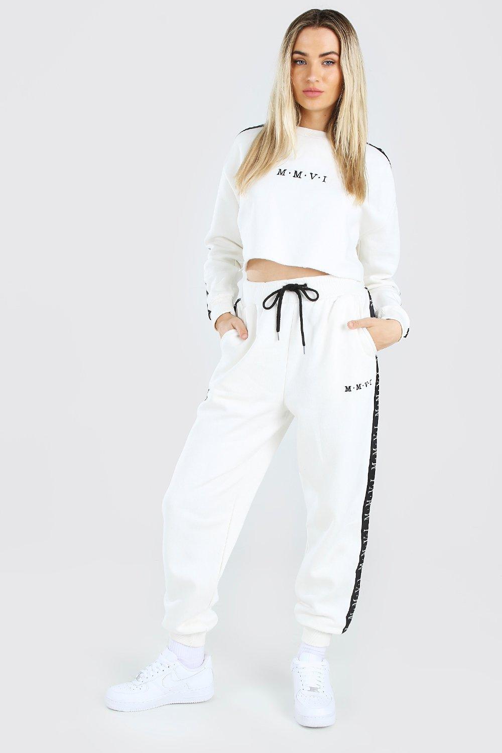 Her Cropped Sweater Jogger Set With Side Tape boohoo