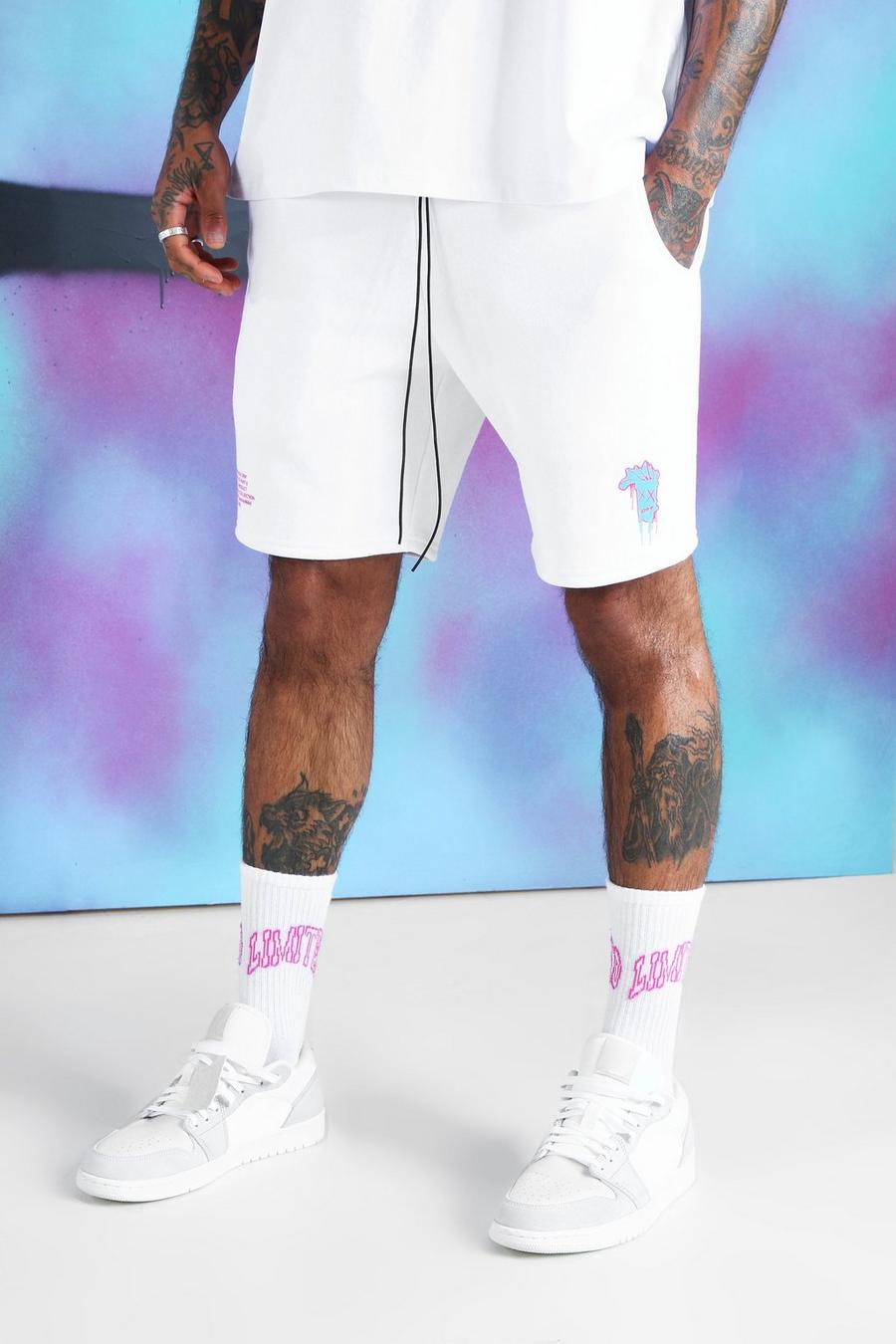 White Quavo Shorts med ledig passform och droppande tryck image number 1