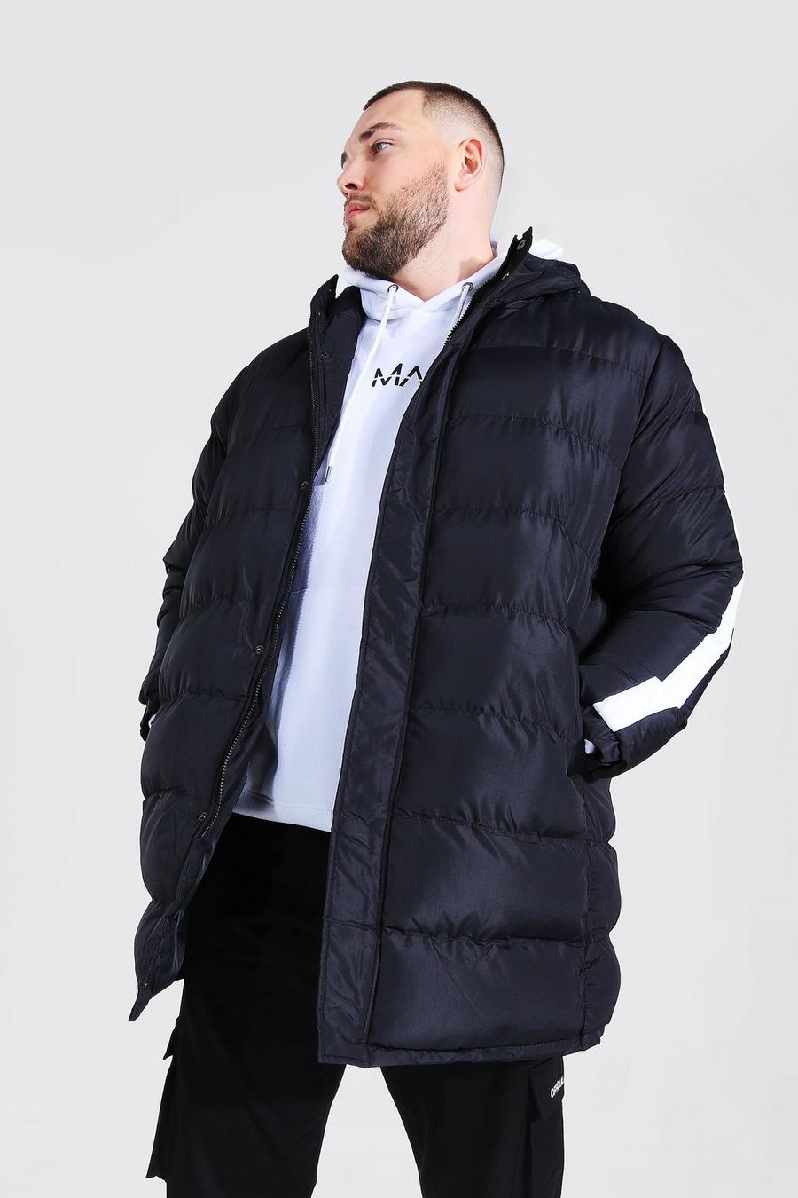 Big And Tall Longline Puffer Jacke mit Ärmelstreifen, Schwarz image number 1