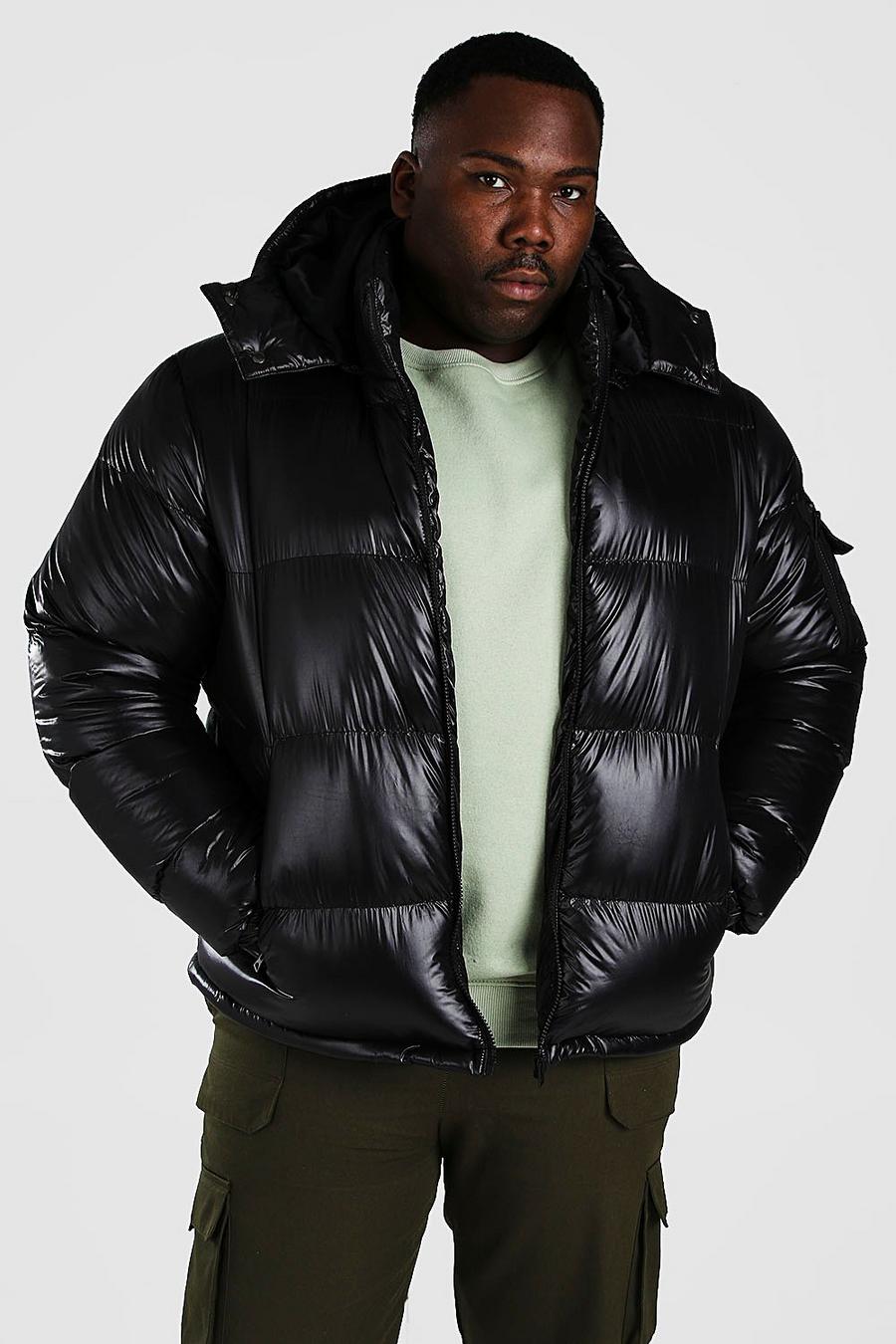 Black Plus Size High Shine Hooded Puffer Jacket image number 1