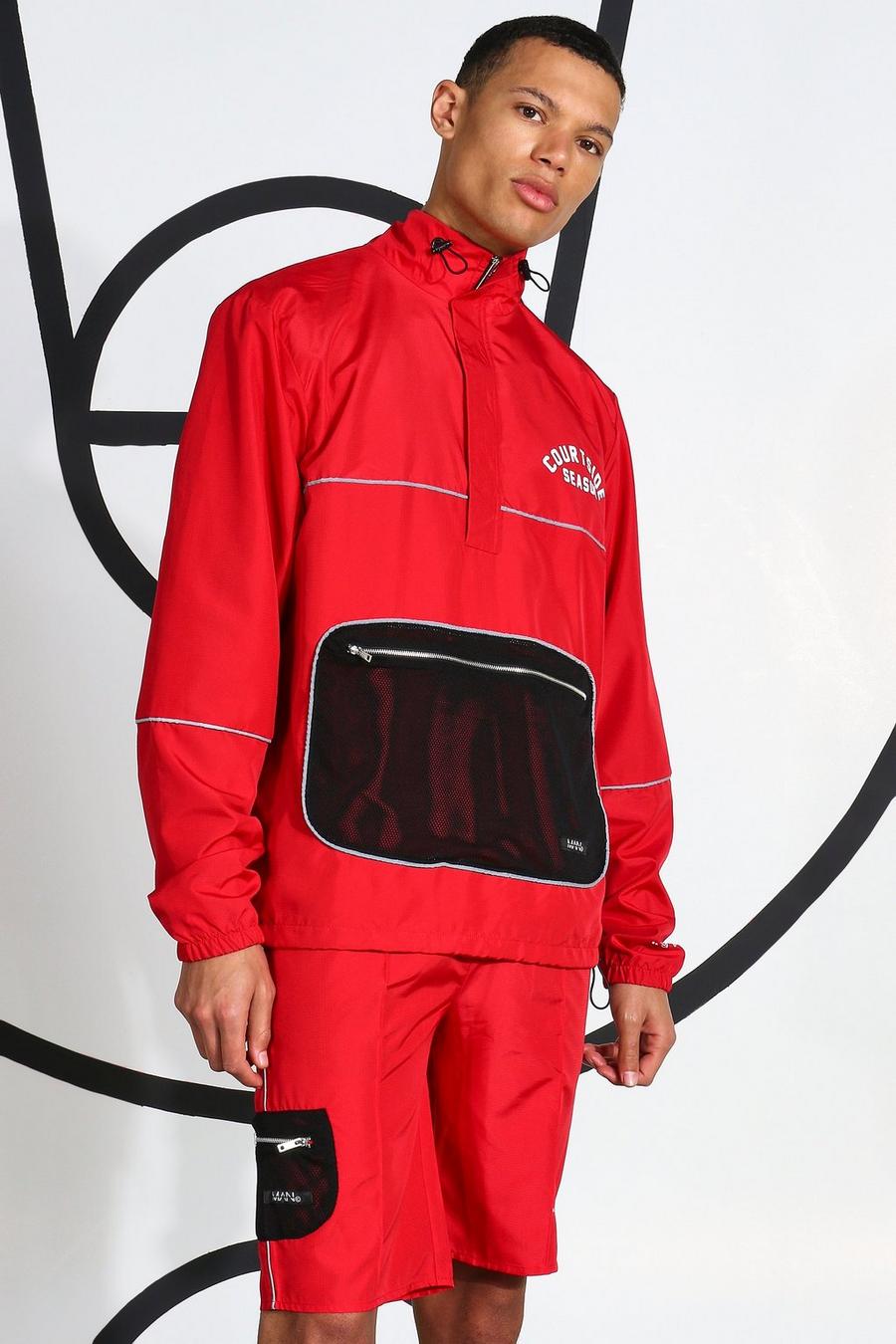 אדום טופ חליפת טרנינג מבד ריפסטופ עם פסים מחזירי אור לגברים גבוהים image number 1