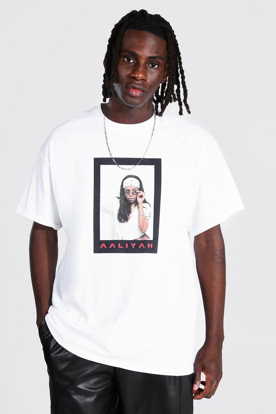 לבן blanco טישרט אוברסייז עם הדפס ממותג של תצלום של Aaliyah image number 1