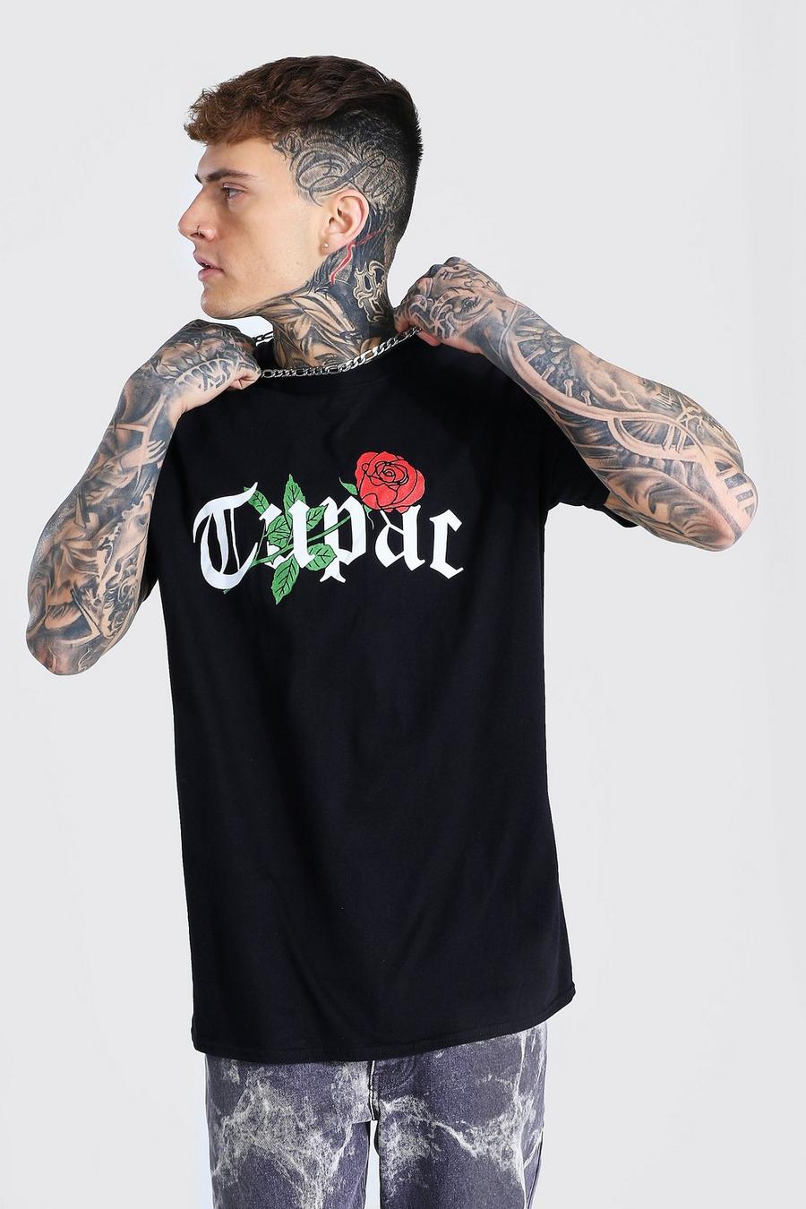 Camiseta ancha con estampado y licencia de Tupac Rose en la espalda, Negro image number 1