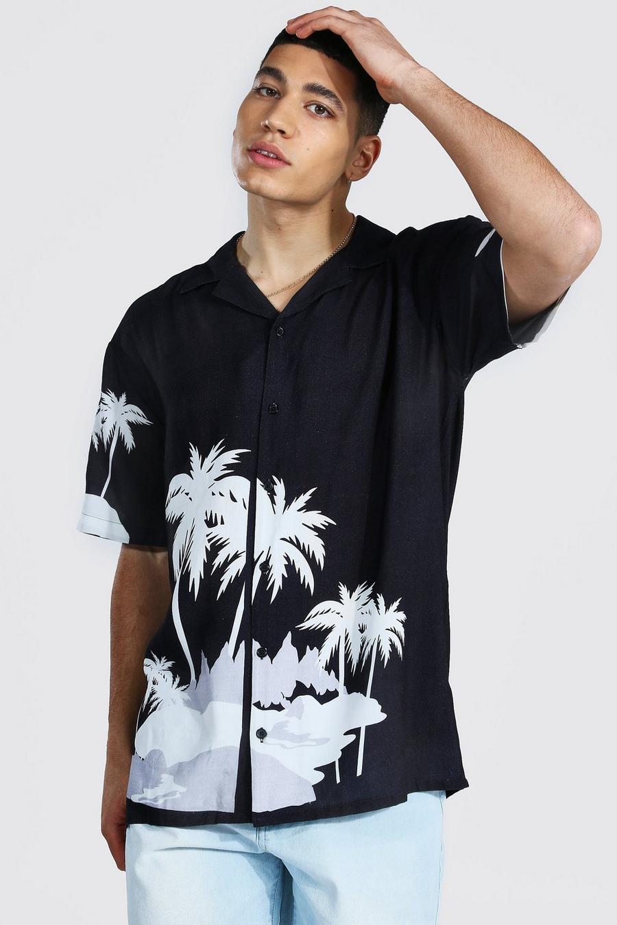 Black Palm Print Revere Collar Shirt image number 1