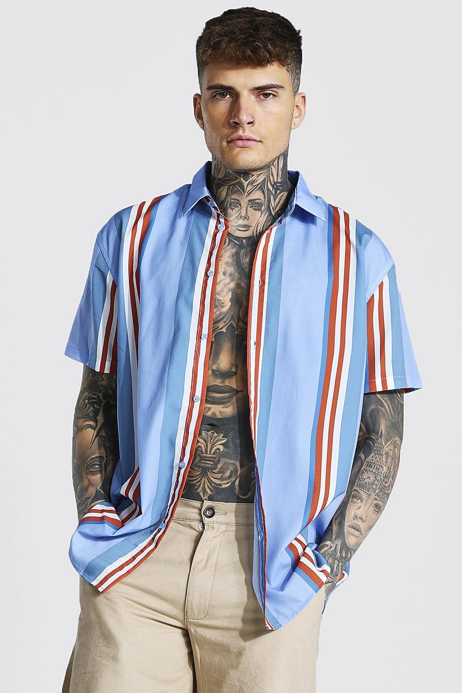 Blue Short Sleeve Stripe Oversized Shirt image number 1
