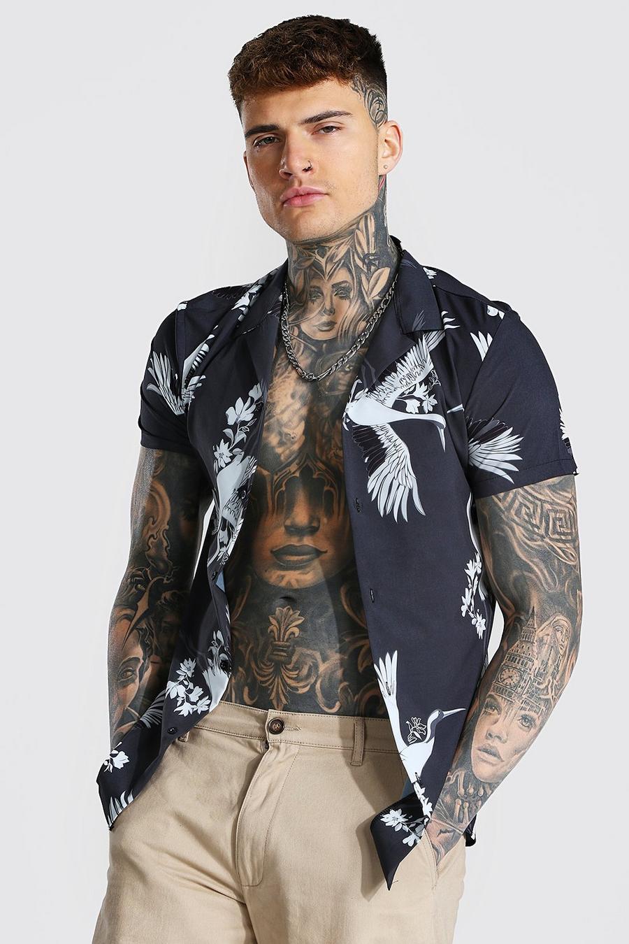 Black Muscle Fit Revere Bird Print Shirt image number 1