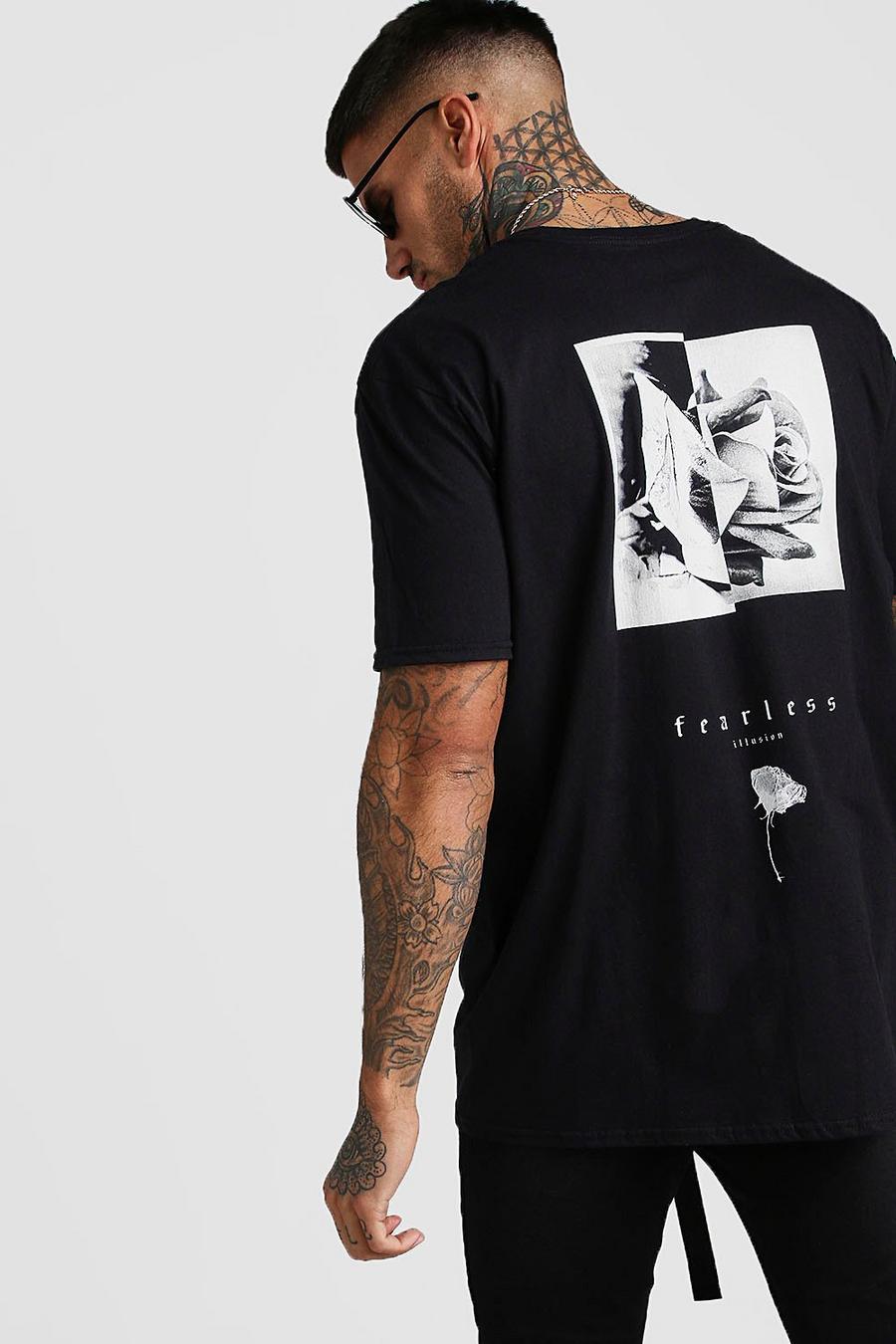 Black noir Oversized Fearless Flower Back Print T-Shirt