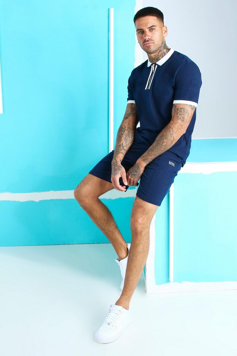 Set aus Piqué-Poloshirt mit Reißverschluss und Shorts mit MAN-Lasche, Marineblau image number 1